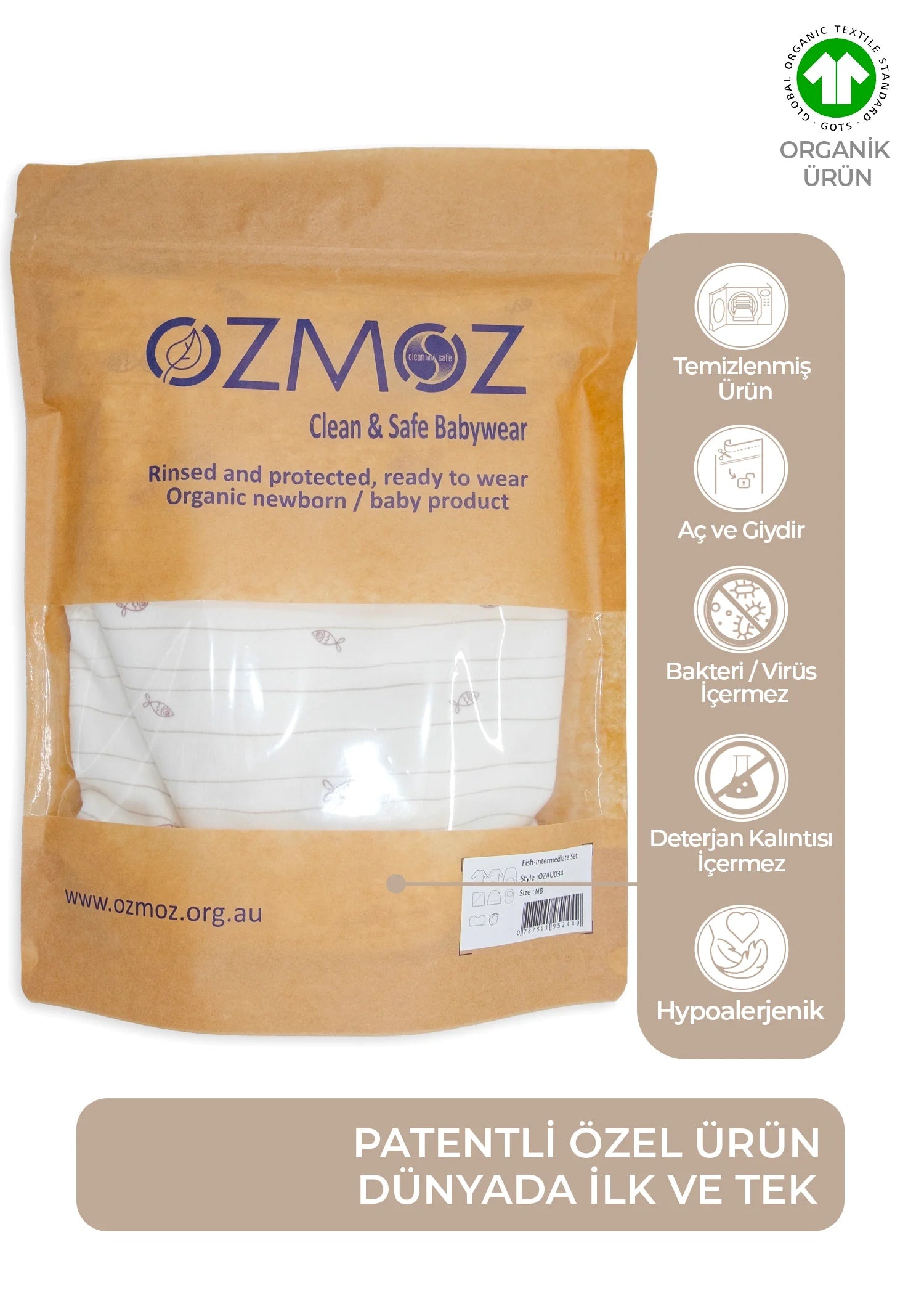 Clean&Safe GOTS Sertifikalı %100 Organik Pamuk Hastane Çıkış Seti Fish– 8 Parça