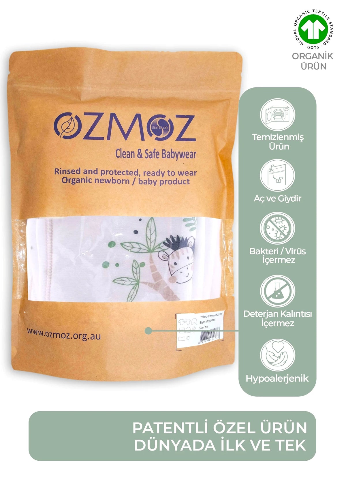 Clean&Safe GOTS Sertifikalı %100 Organik Pamuk Hastane Çıkış Seti Zebra – 8 Parça