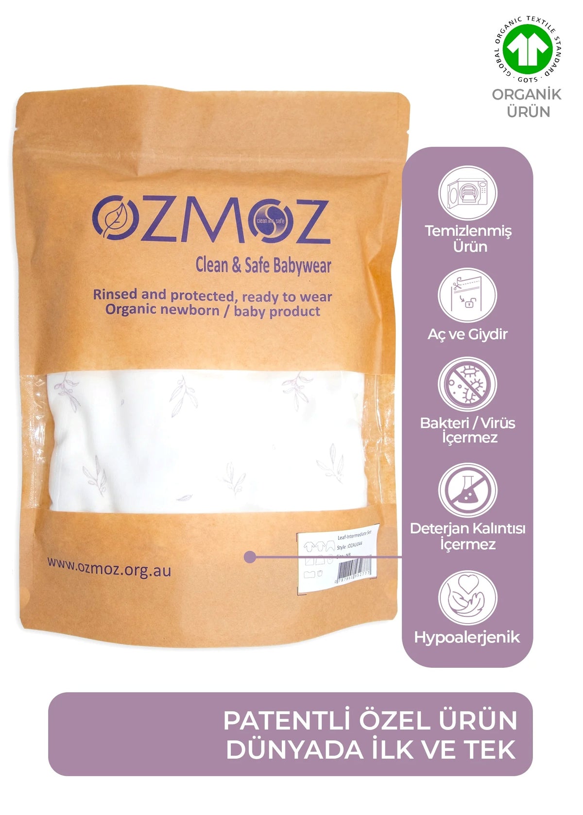 Clean&Safe GOTS Sertifikalı %100 Organik Pamuk Hastane Çıkış Seti Leaf – 8 Parça