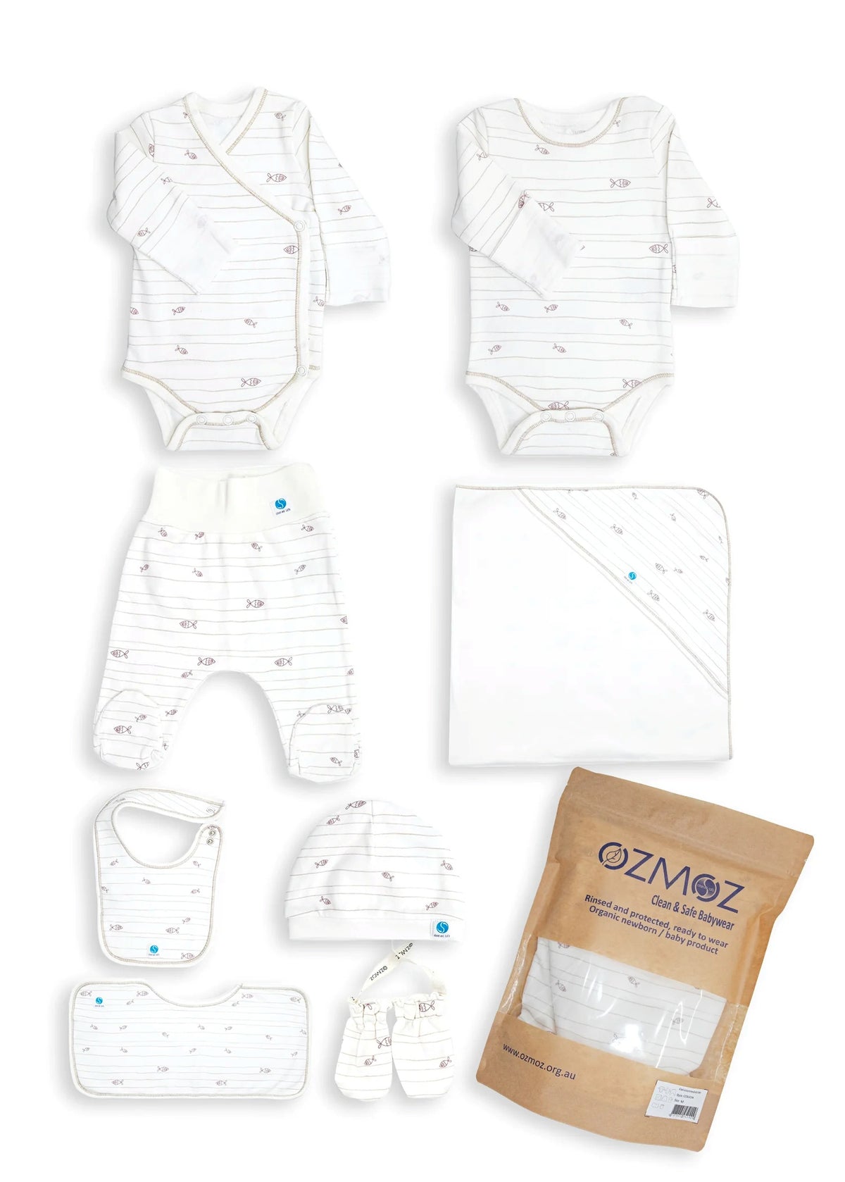 Clean&Safe GOTS Sertifikalı %100 Organik Pamuk Hastane Çıkış Seti Fish– 8 Parça
