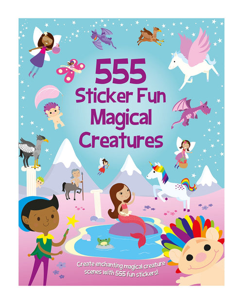 555 Sticker Fun Magical Creatures sticker kitabının kapağı, deniz kızı, peri, unicorn ve trol