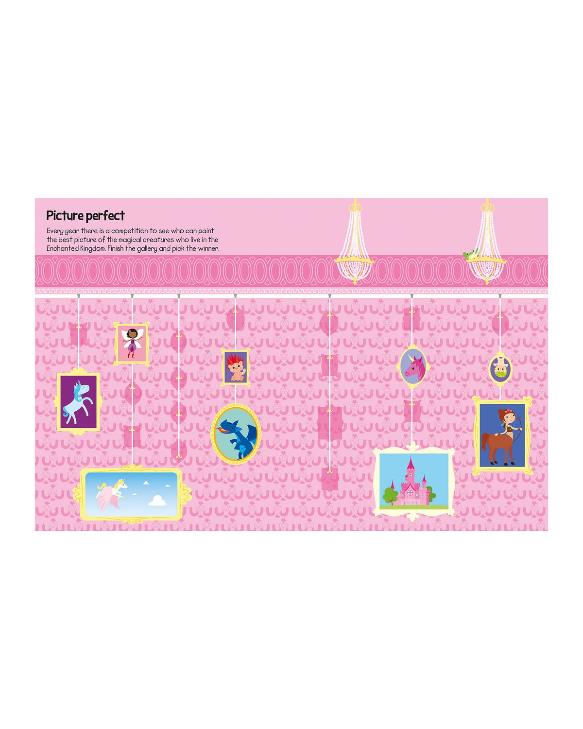 Magical Creatures sticker kitabında pembe galeri duvarı, boş çerçevelerle Picture perfect sahnesi