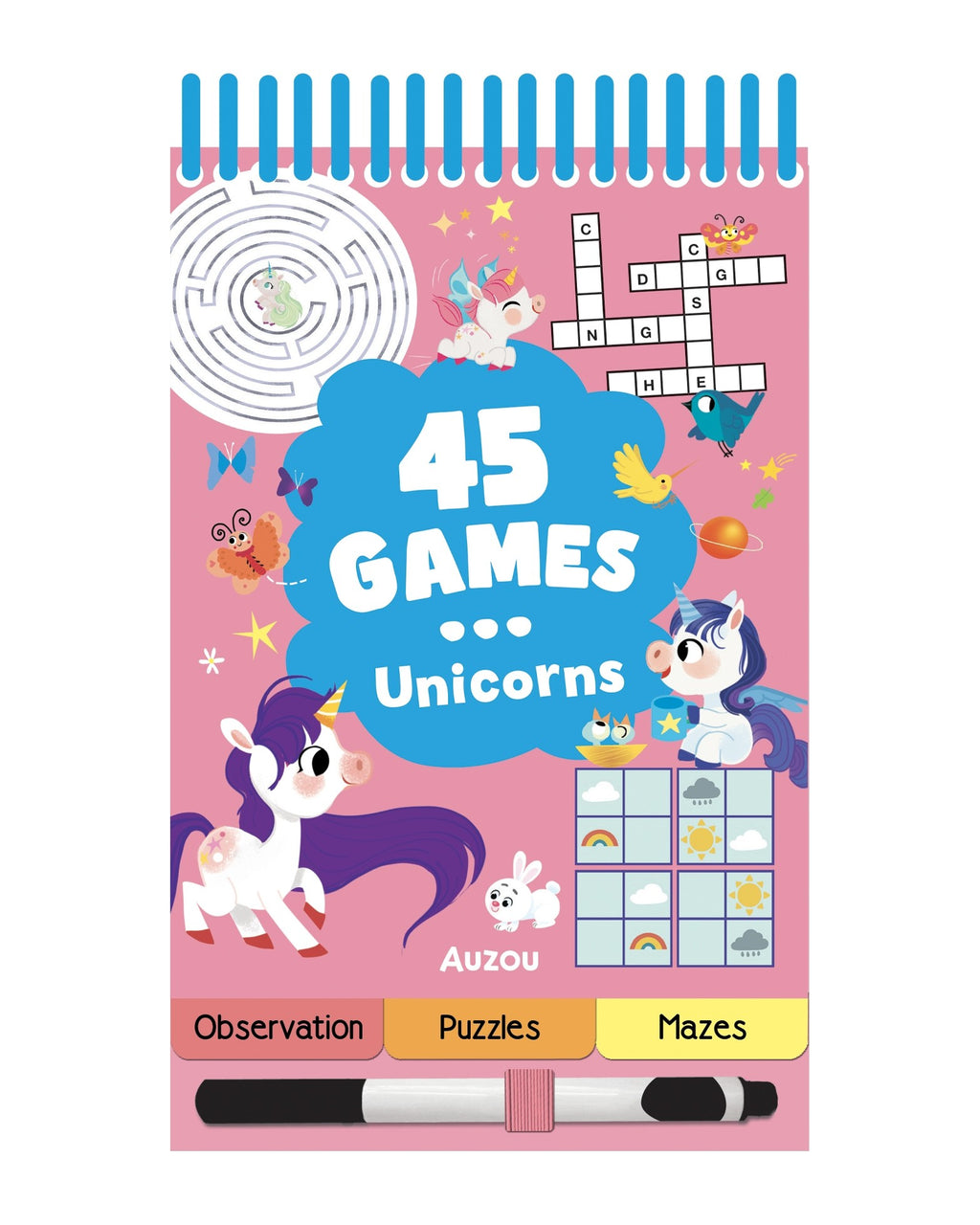 45 Games Unicorns etkinlik kitabının kapağı, spiral cilt, unicornlar ve silinebilir kalem
