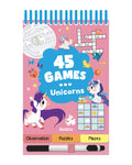 45 Games Unicorns etkinlik kitabının kapağı, spiral cilt, unicornlar ve silinebilir kalem