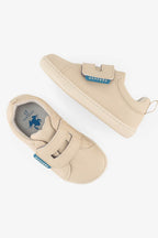 HopFrög Smart Walker Casual bej barefoot ayakkabı, üstten ve yandan görünüm: cırt cırtlı kayış