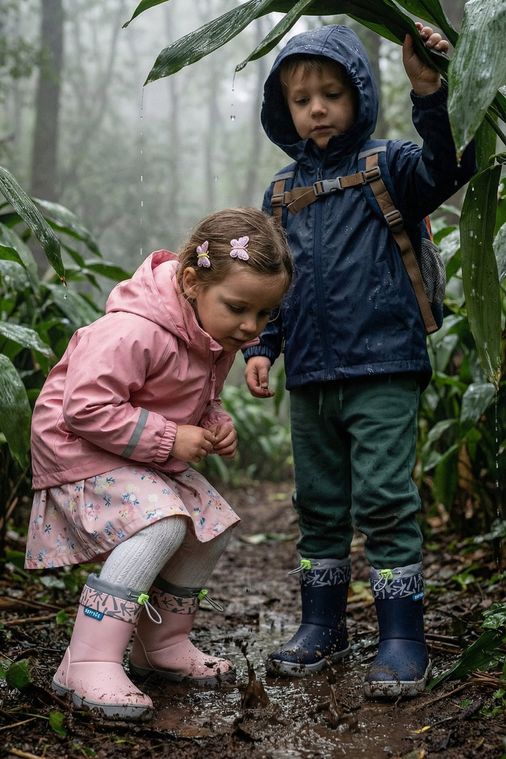 Hopfrög Rain Boots gri çocuk botlarıyla yağmurda ormanda oynayan çocuklar, suya dayanıklı ve kaymaz tabanlı tasarım