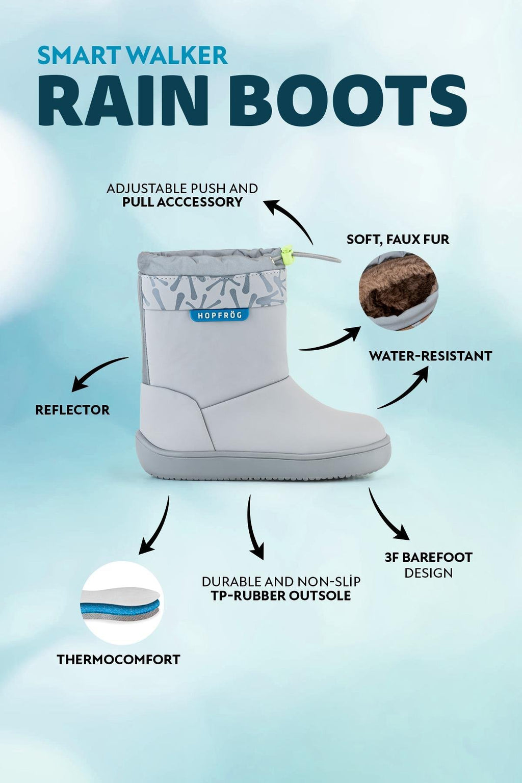 Hopfrög Smart Walker Rain Boots özellikleri, ThermoComfort astar, kaymaz taban ve barefoot tasarım