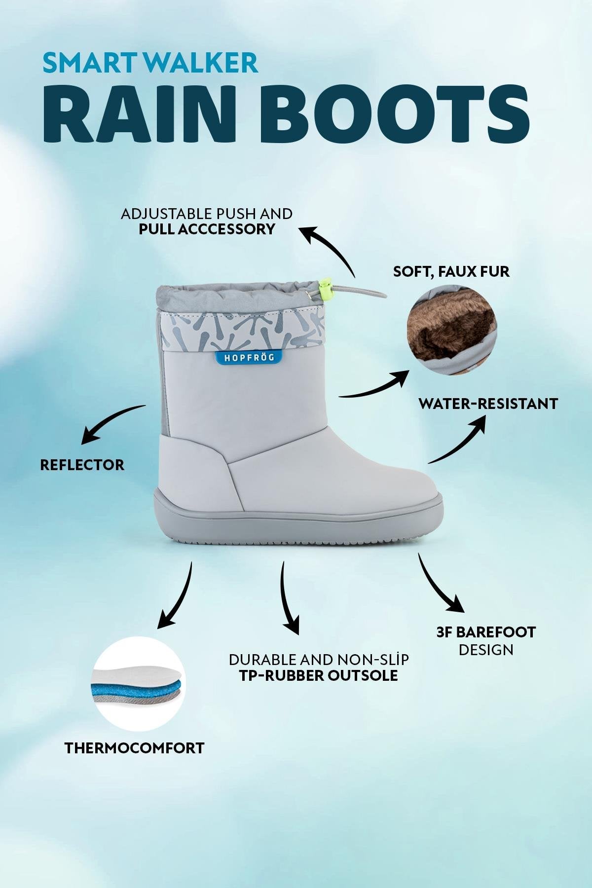 Hopfrög Smart Walker Rain Boots özellikleri, ThermoComfort astar, kaymaz taban ve barefoot tasarım