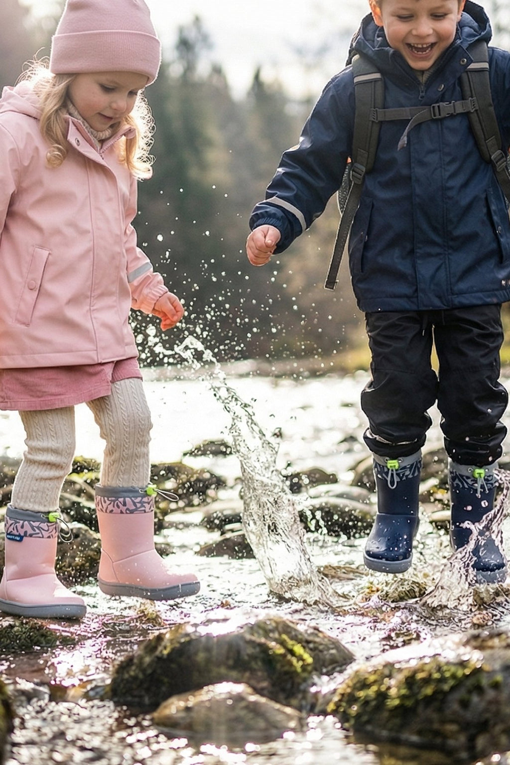 Hopfrög Rain Boots mat lacivert çocuk botlarıyla suda oynayan çocuk, su geçirmez ve kaymaz tabanlı tasarım