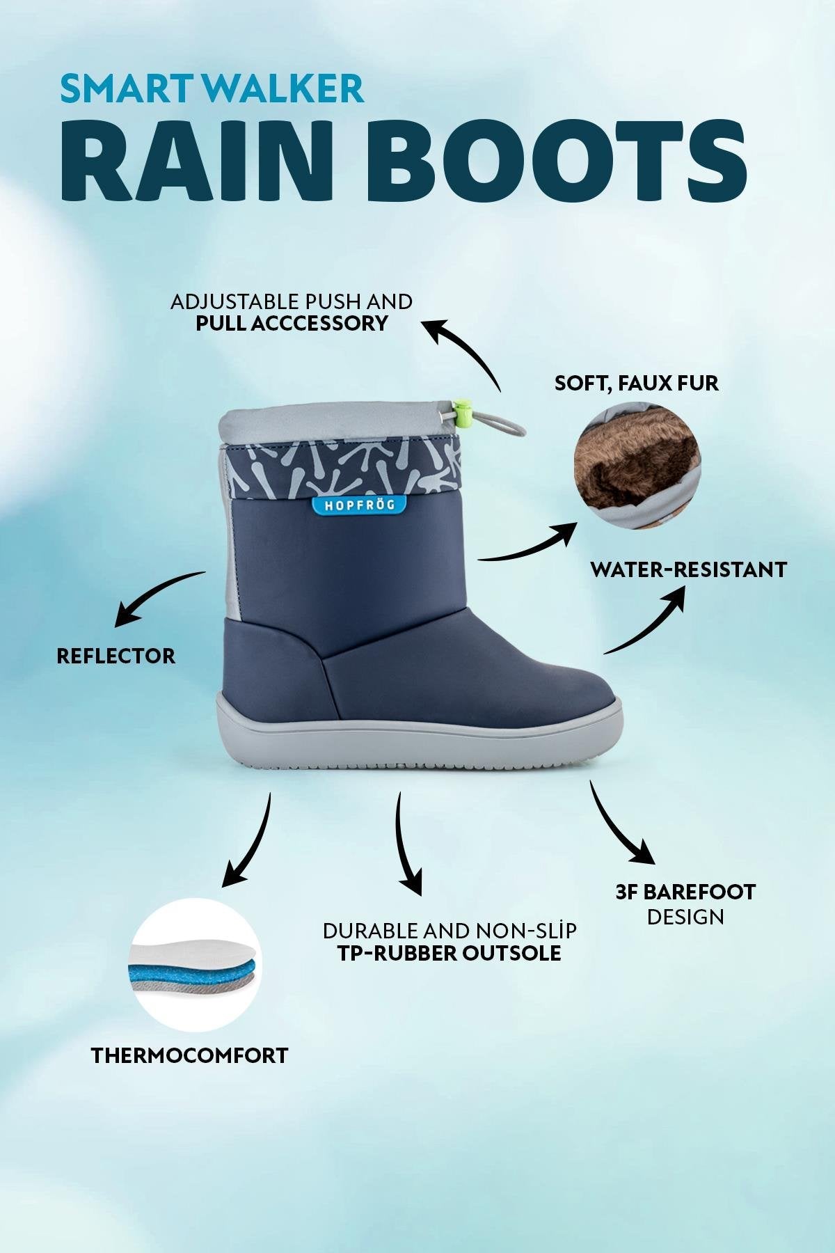 Hopfrög Smart Walker Rain Boots mat lacivert, ThermoComfort astar, barefoot tasarım ve kaymaz taban