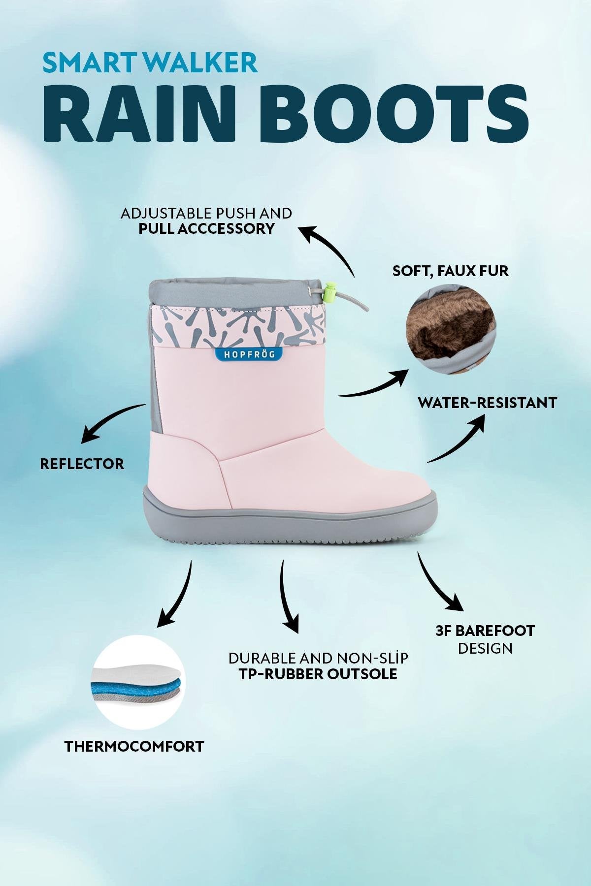 Hopfrög Smart Walker Rain Boots mat pembe, ThermoComfort astar, barefoot tasarım ve kaymaz taban