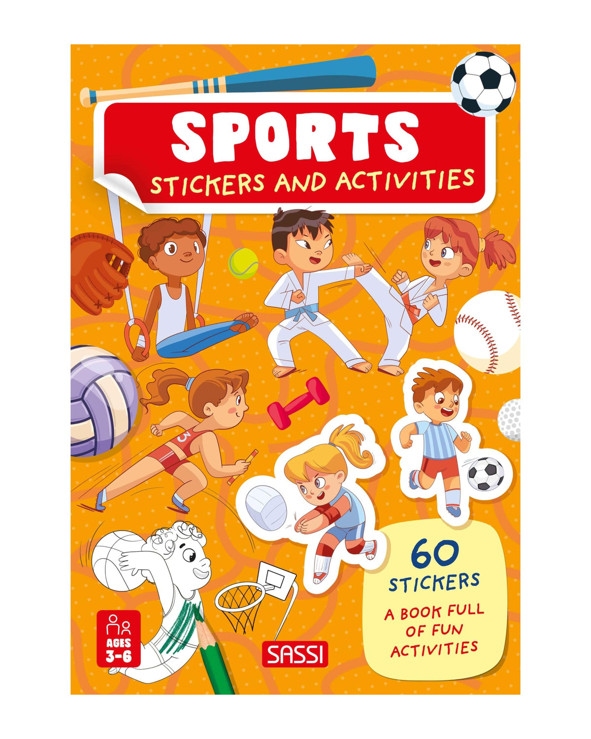 Stickers and Activities Sports kapağı, turuncu zeminde farklı sporlar yapan çocuklar