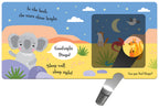 Goodnight Koala kitabı iç sayfası: çalılıkta dingoyu sihirli fenerle arama