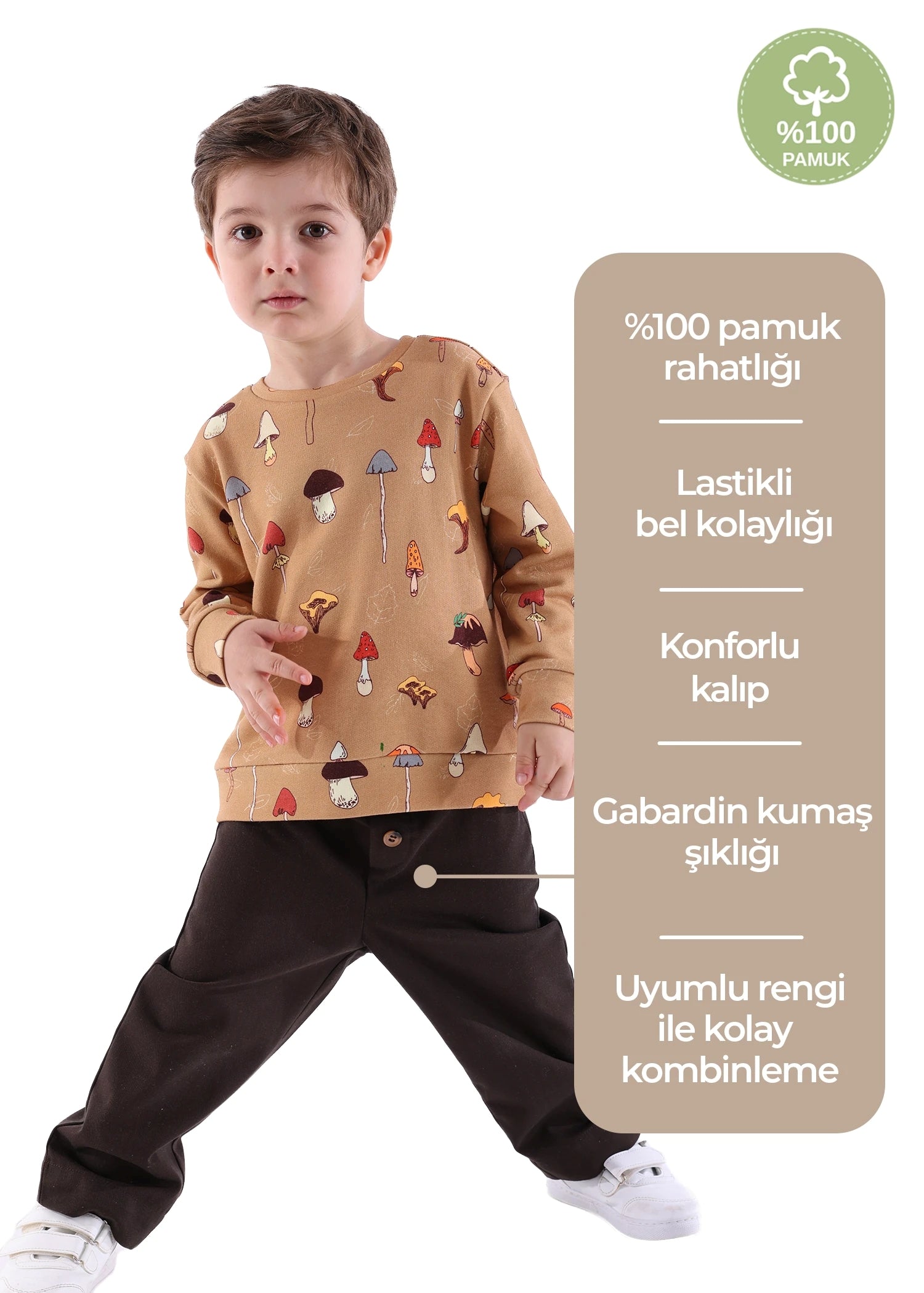 Kahverengi Kışlık Minik Erkek Çocuk Pantolon - %100 Pamuk Gabardin