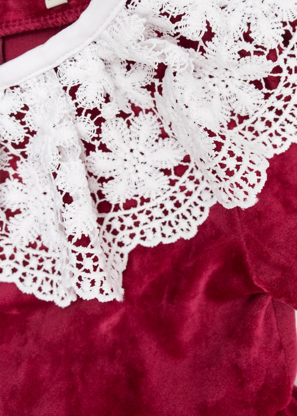 Dantel Yaka Yumuşacık Bordo Kadife Minik Kız Çocuk Elbise