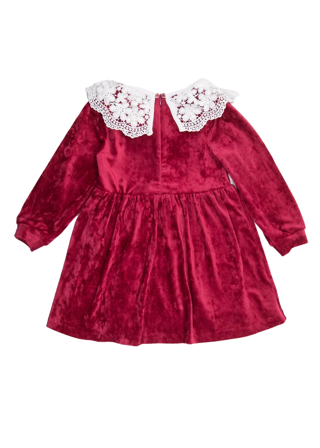 Dantel Yaka Yumuşacık Bordo Kadife Minik Kız Çocuk Elbise