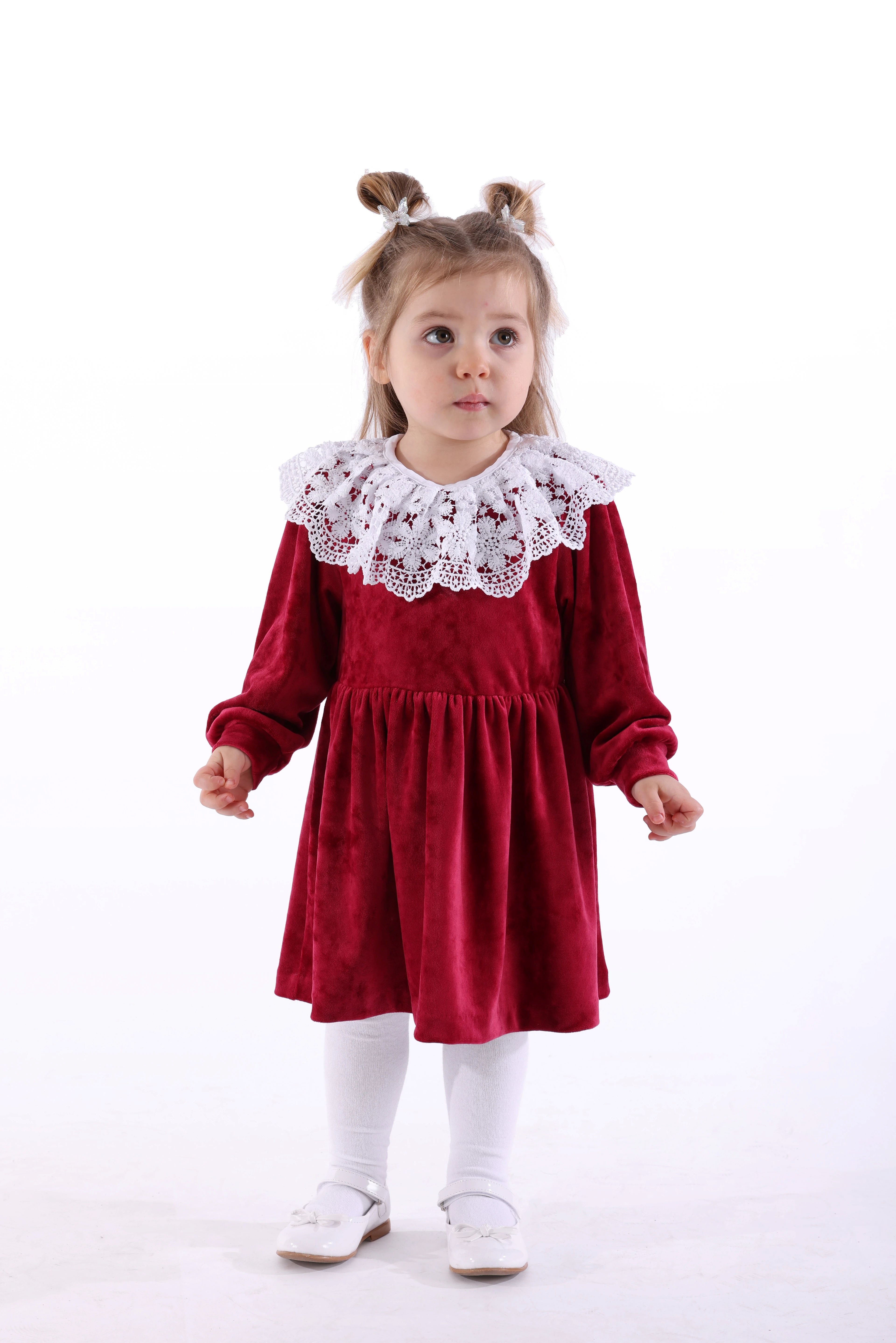 Dantel Yaka Yumuşacık Bordo Kadife Minik Kız Çocuk Elbise