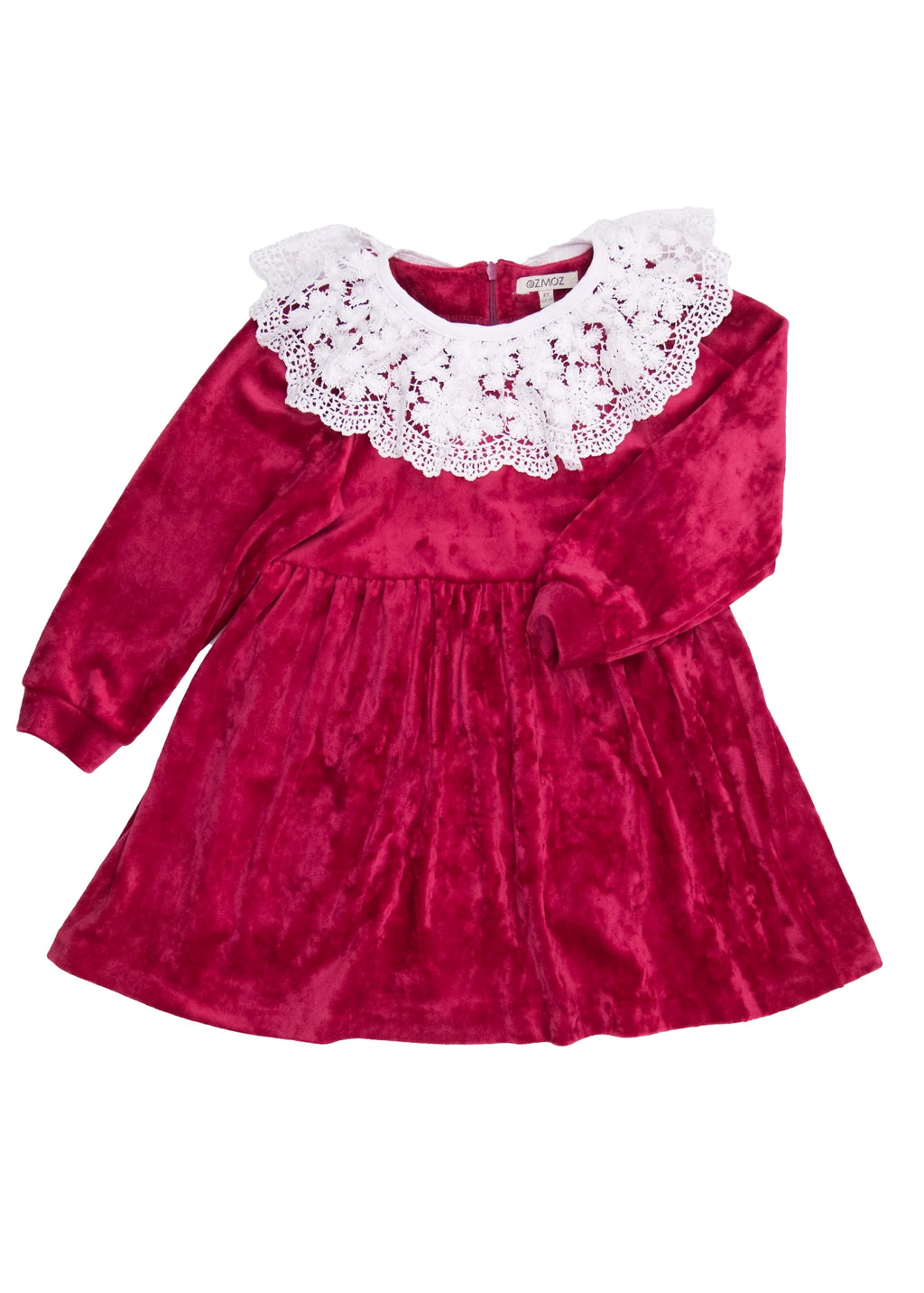 Dantel Yaka Yumuşacık Bordo Kadife Minik Kız Çocuk Elbise