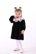 Dantel Yaka Yumuşacık Siyah Kadife Minik Kız Çocuk Elbise