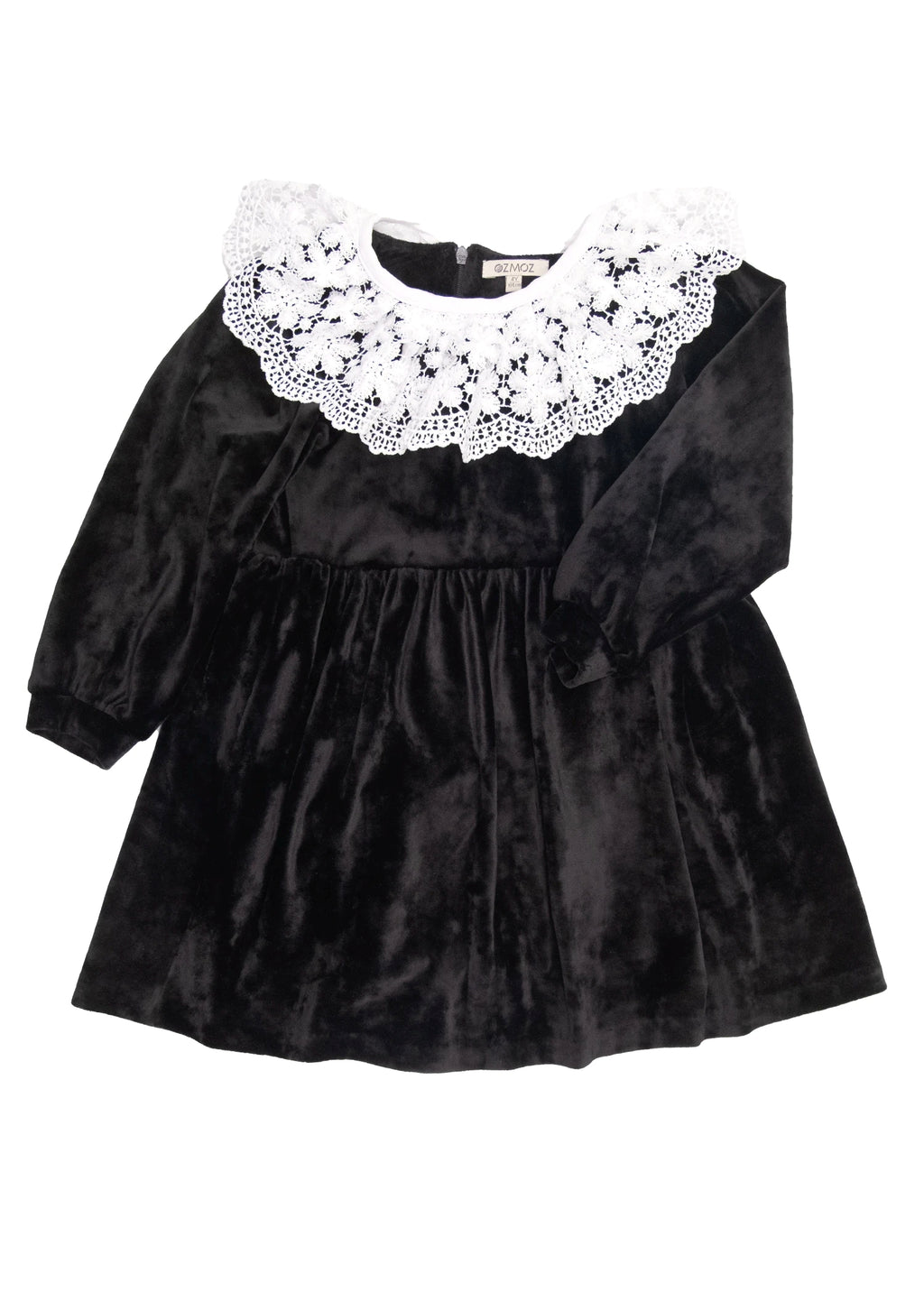Dantel Yaka Yumuşacık Siyah Kadife Minik Kız Çocuk Elbise