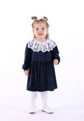 Dantel Yaka Yumuşacık Lacivert Kadife Minik Kız Çocuk Elbise