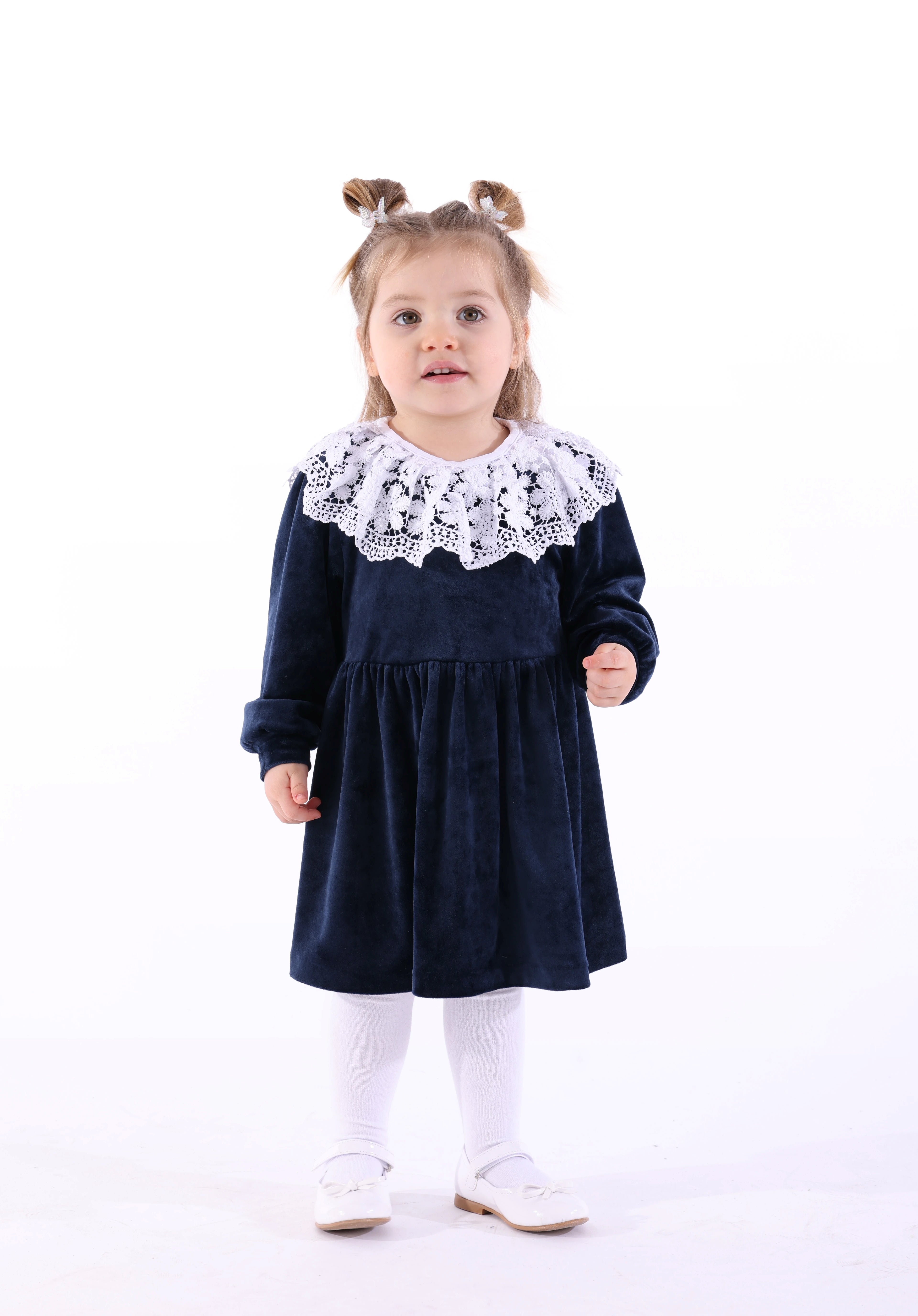 Dantel Yaka Yumuşacık Lacivert Kadife Minik Kız Çocuk Elbise