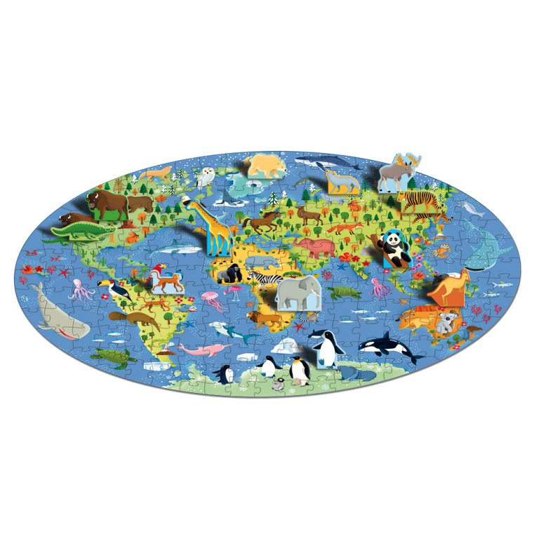 Dünya Hayvanları Kitabı + 200 Parça Puzzle | Kıtaları Keşfet, Hayvanları Tanı | Sassi Junior 6+Yaş