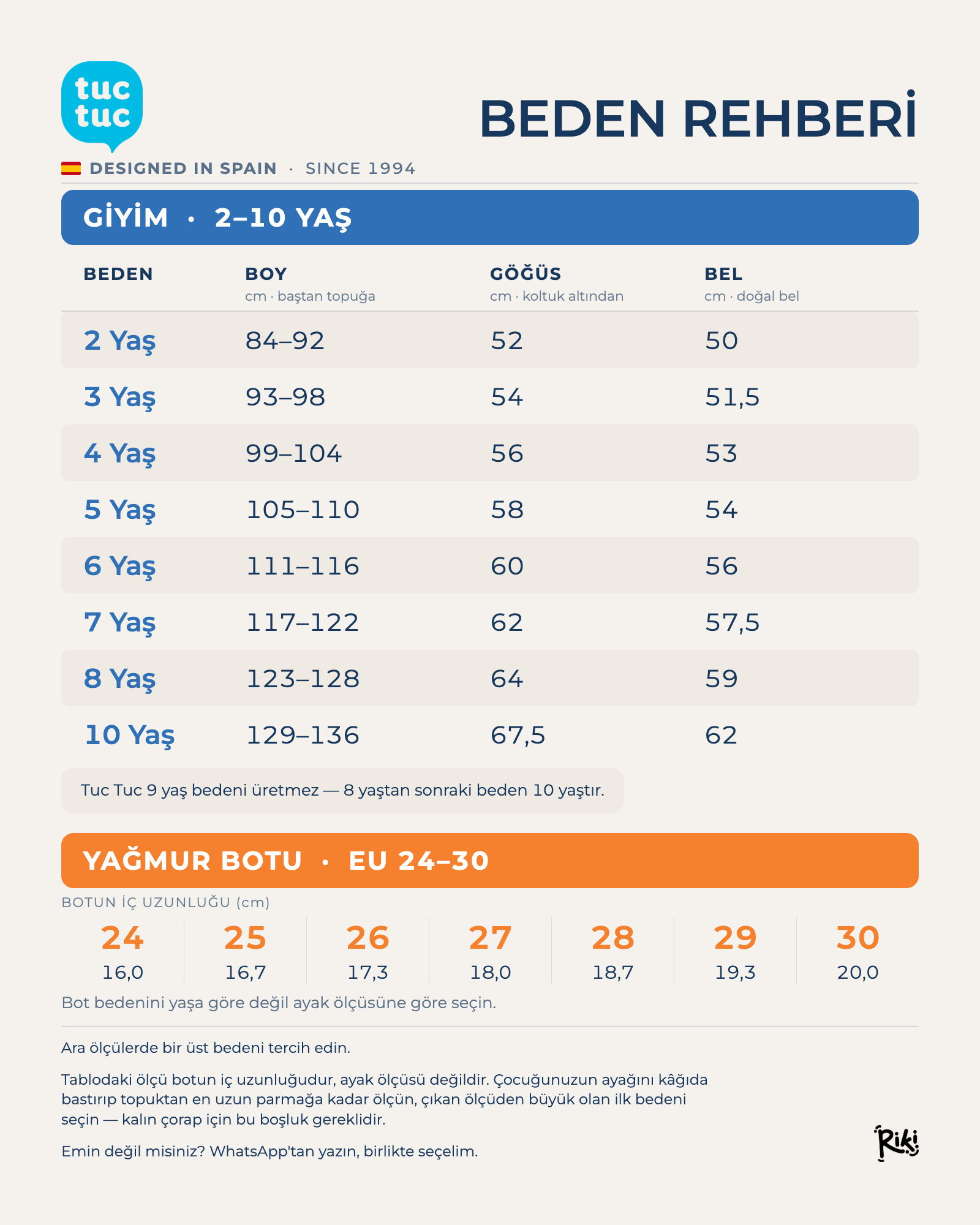 Tuc Tuc çocuk beden rehberi — 2-10 yaş, EU 24-30 numara ölçü tablosu