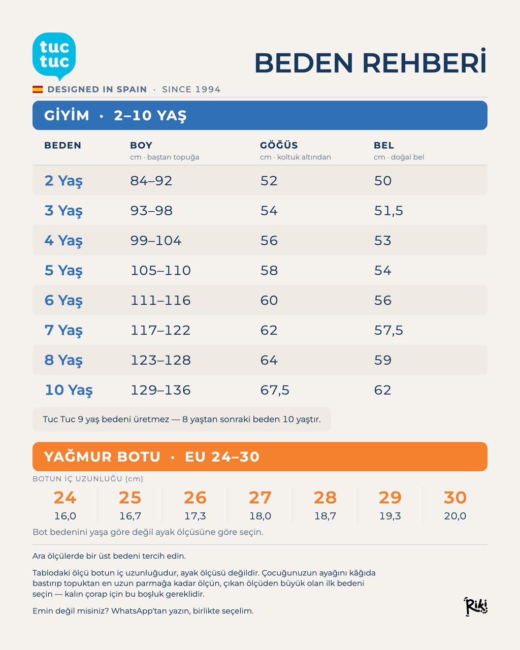 Tuc Tuc çocuk beden rehberi — 2-10 yaş, EU 24-30 numara ölçü tablosu