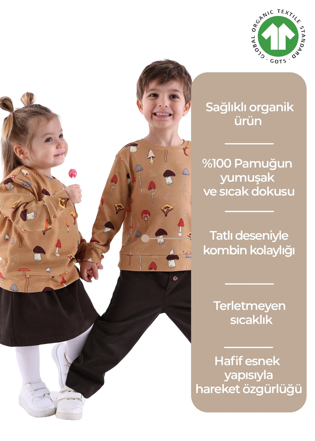 Organik Pamuk Mantar Desenli Kahverengi Unisex Sweatshirt