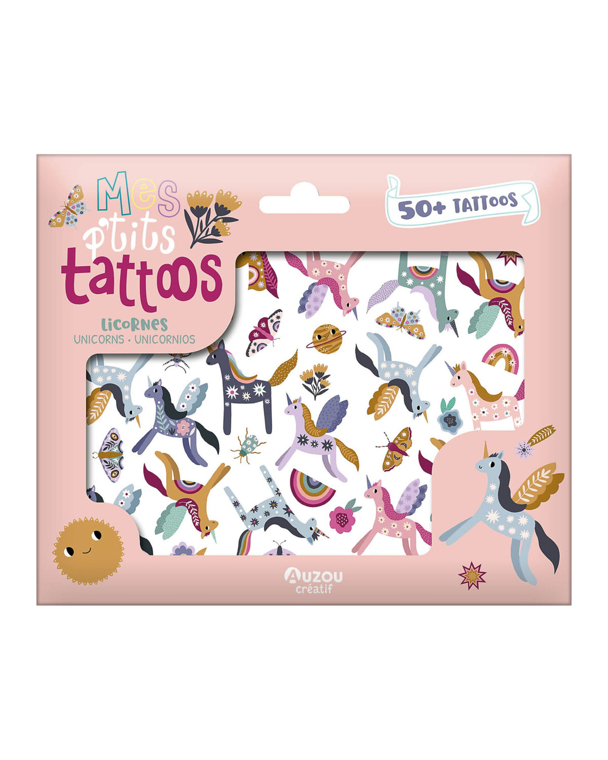 Mes P'tits Tattoos Licornes poşeti, pembe ambalajda unicorn geçici dövmeleri