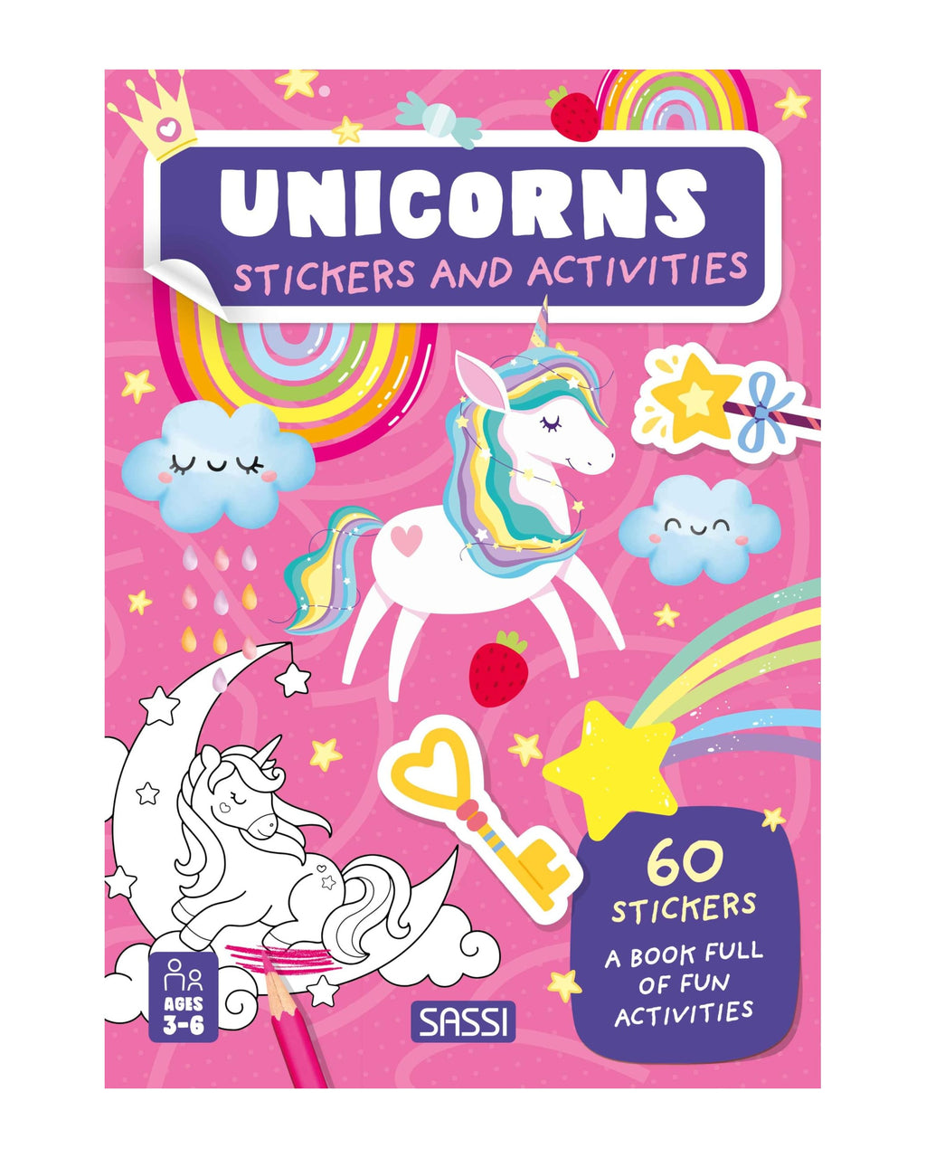 Stickers and Activities Unicorns kapağı, pembe zeminde kanatlı beyaz unicorn ve 60 sticker rozeti