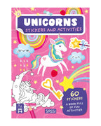 Stickers and Activities Unicorns kapağı, pembe zeminde kanatlı beyaz unicorn ve 60 sticker rozeti