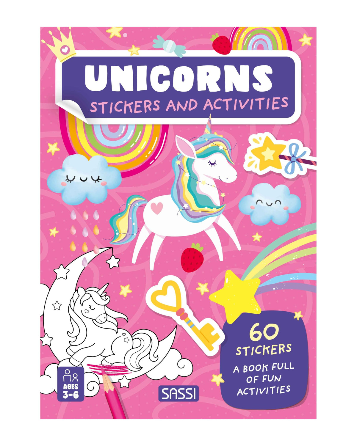 Stickers and Activities Unicorns kapağı, pembe zeminde kanatlı beyaz unicorn ve 60 sticker rozeti