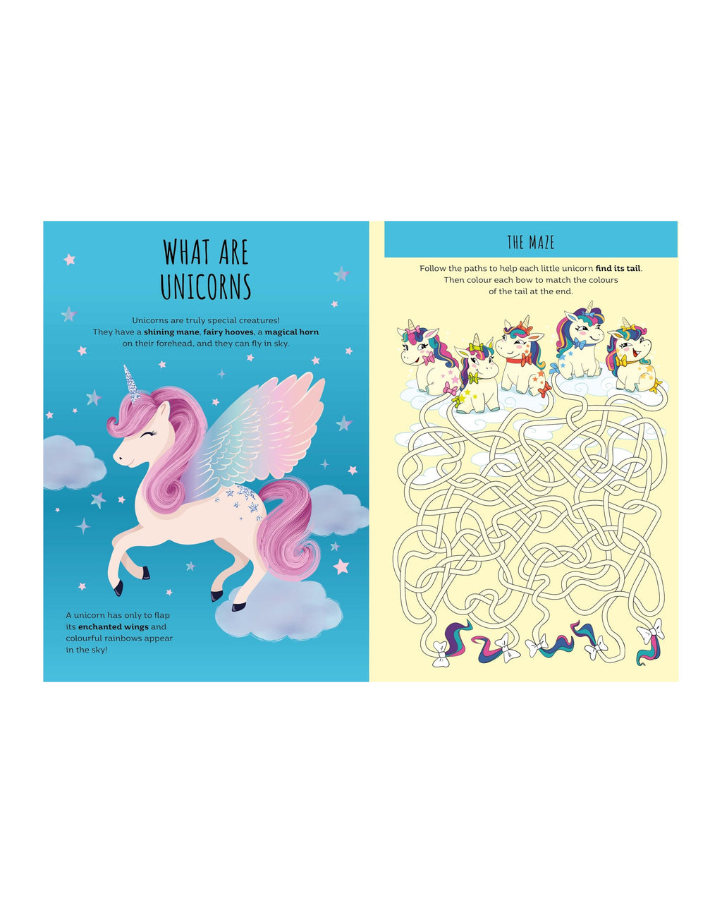 Unicorn etkinlik kitabının unicornları tanıtan sayfası ve yanında labirent