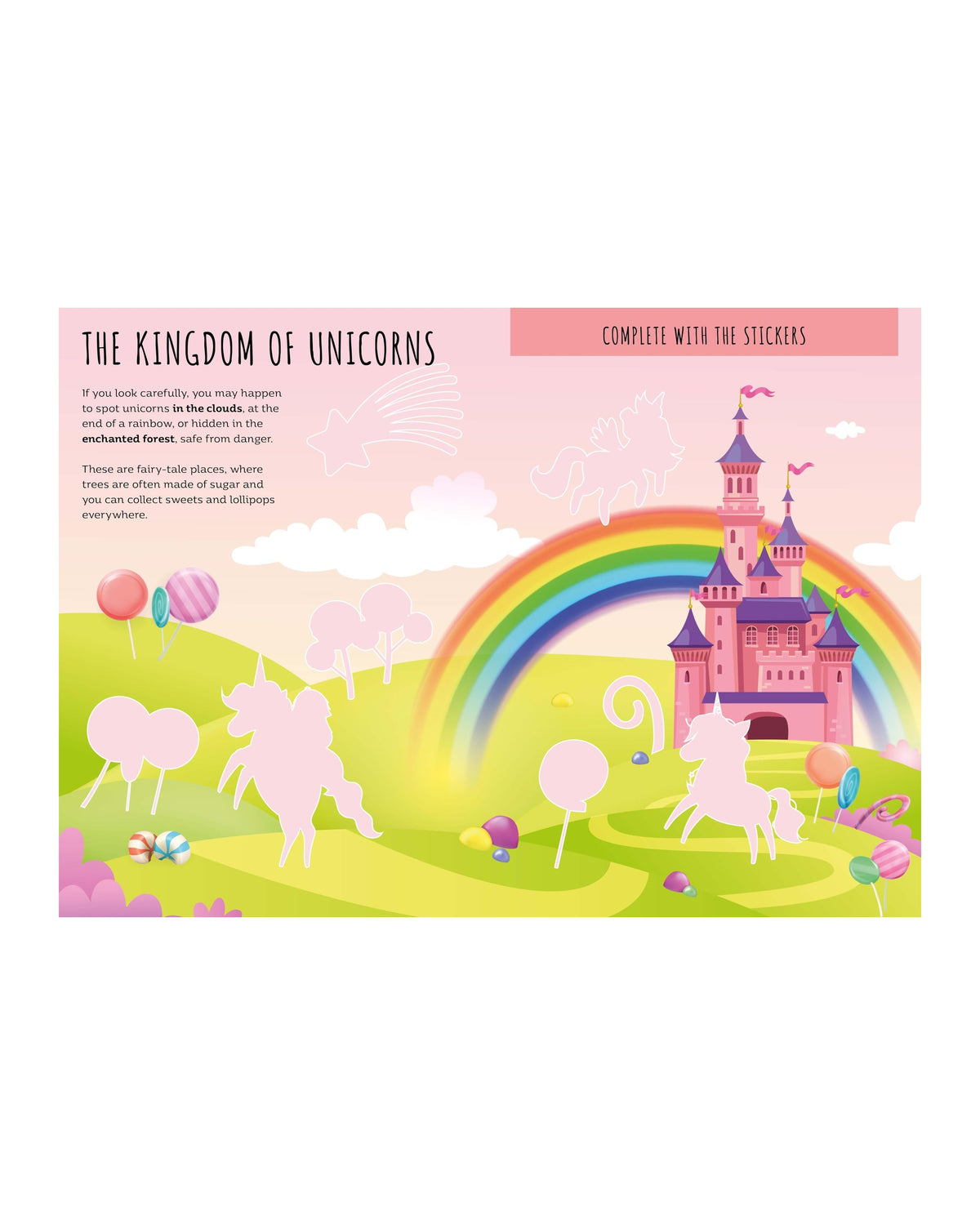 Unicorn krallığı sayfası, gökkuşağı, şato ve sticker yapıştırılacak alanlar