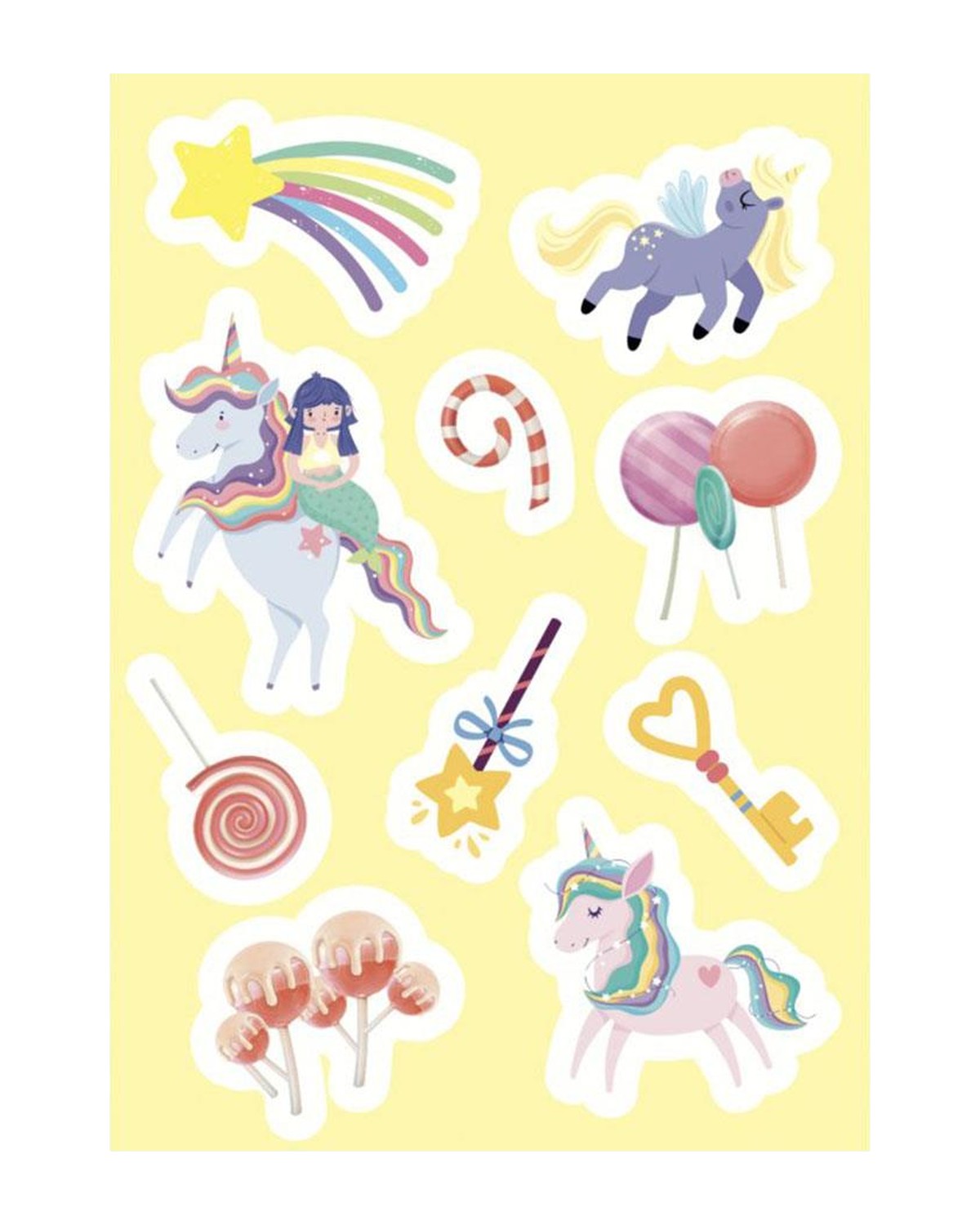 Sarı zeminli sticker sayfası, unicorn, gökkuşağı ve şeker sticker'ları