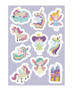 Lila zeminli sticker sayfası, unicorn ve peri sticker'ları