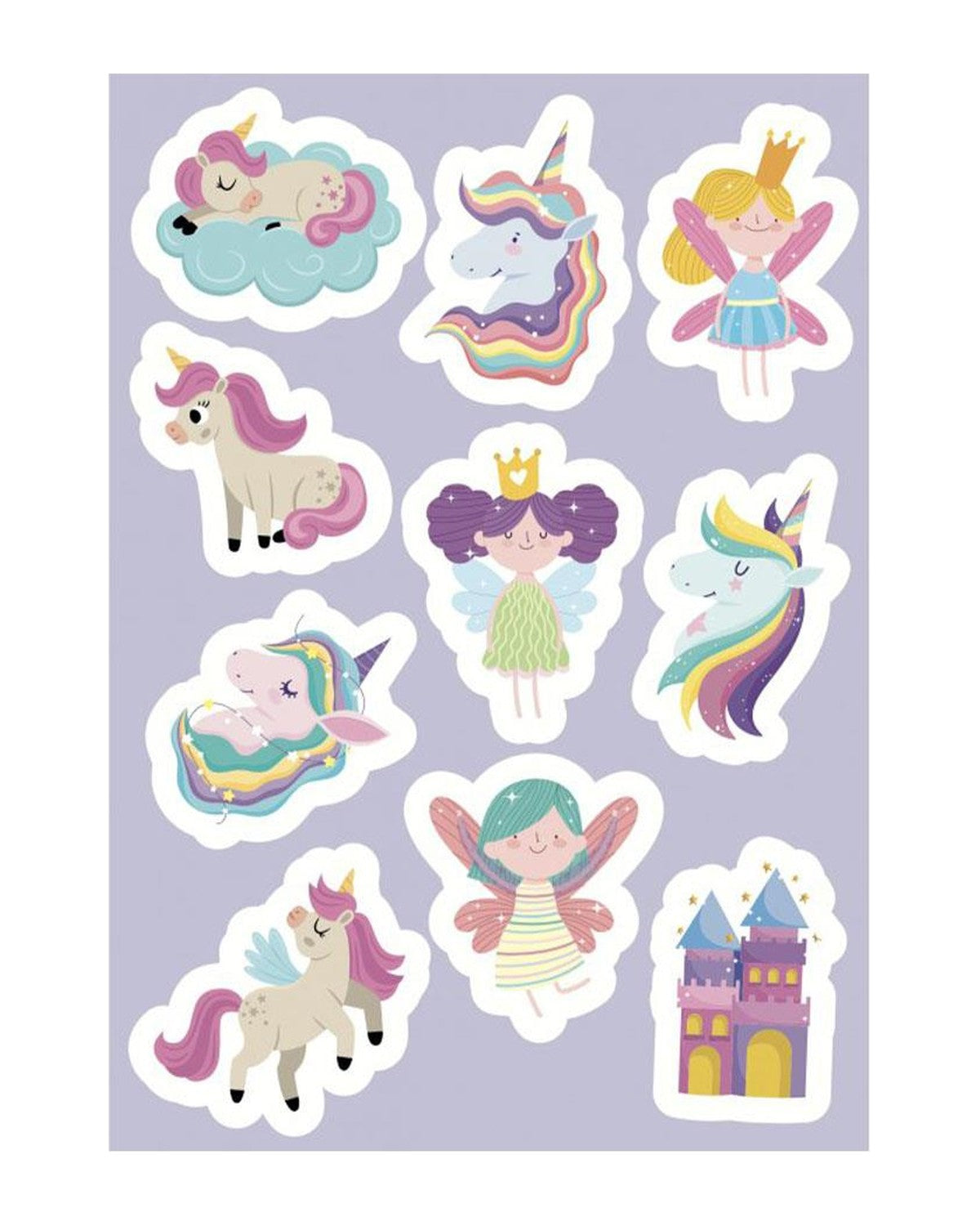 Lila zeminli sticker sayfası, unicorn ve peri sticker'ları