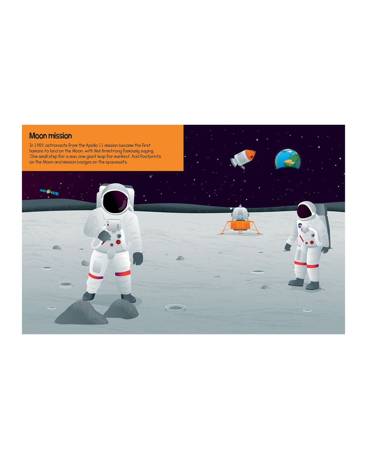 Space sticker kitabında Ay görevi sahnesi, Ay yüzeyinde iki astronot ve iniş aracı