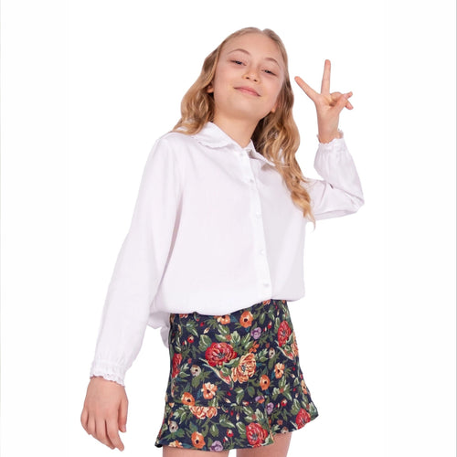 Çiçek Bahçesi Jakarlı Kız Çocuk Etek – Volan Detaylı, Diz Üstü Mini