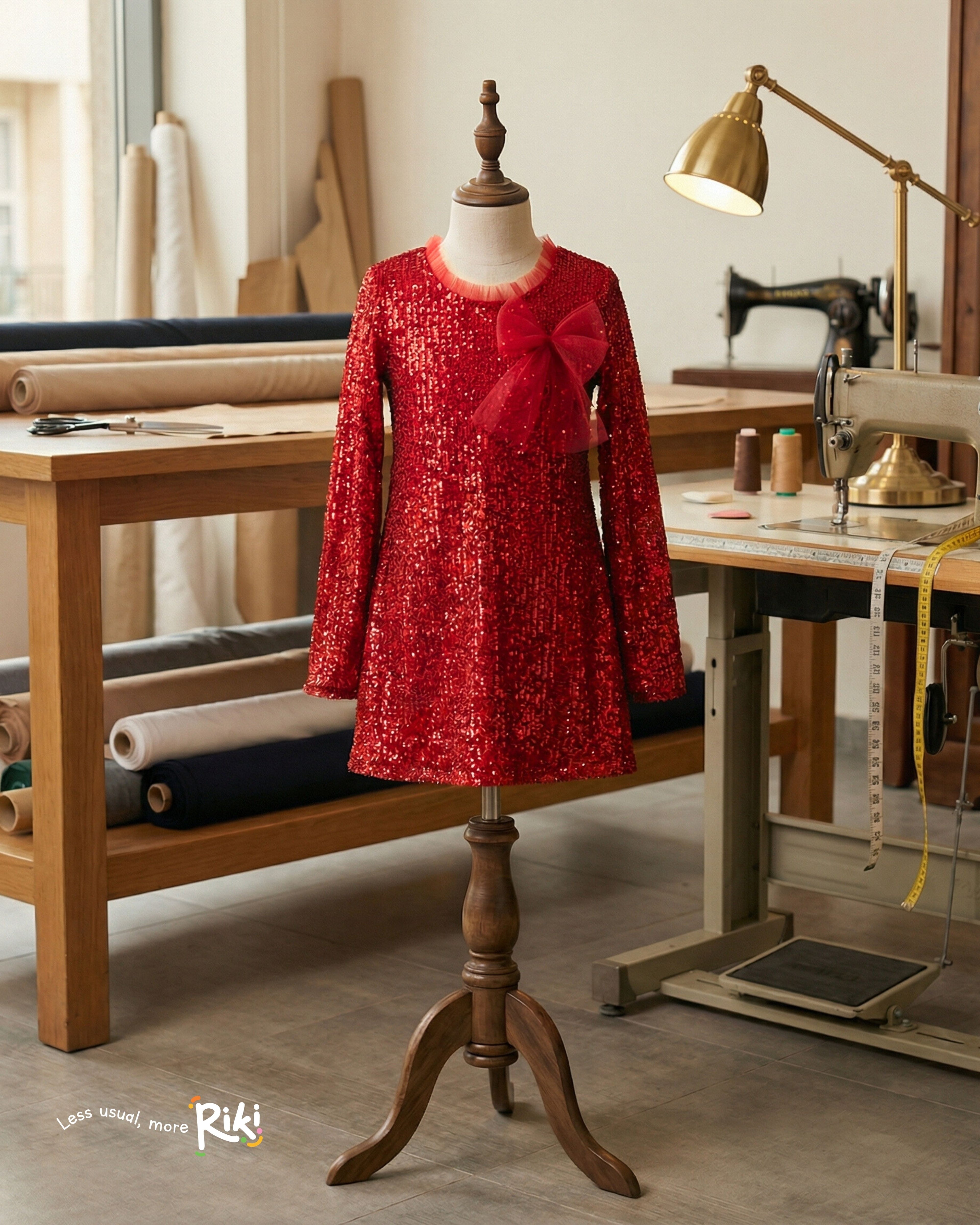 Soft Shine Özel Dikim Kız Çocuk Kırmızı Pul Payet Elbise