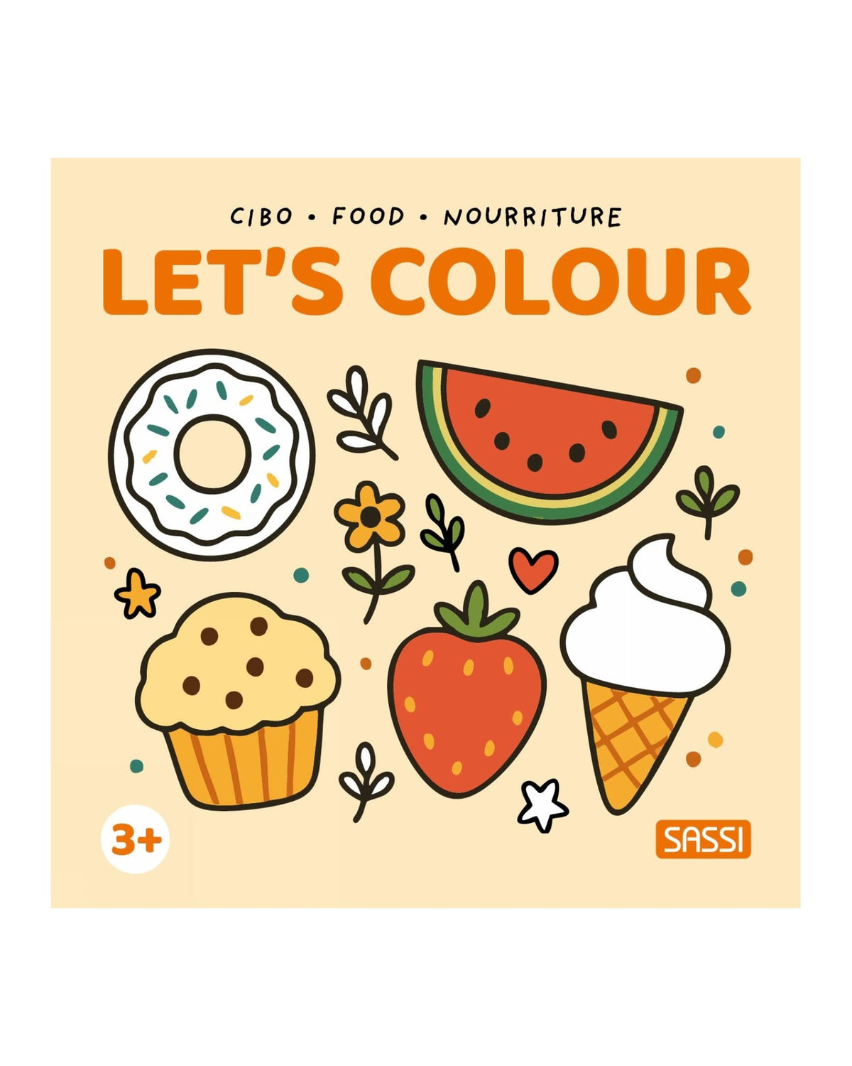 Let's Colour Food boyama kitabının kare kapağı, cupcake, karpuz, çilek ve dondurma çizimleri