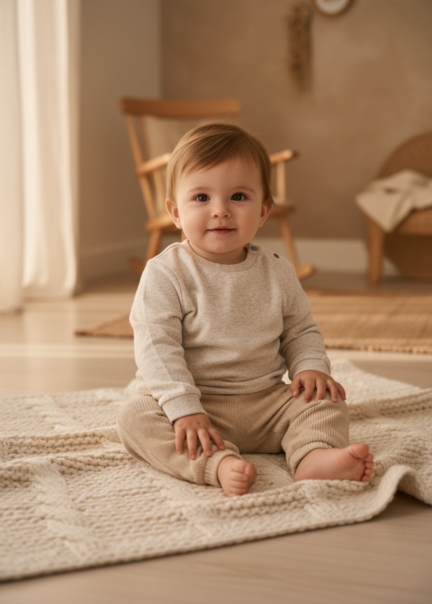 Pamuk, Kenevir ve Yün Karışımlı Ekru Uzun Kollu Kışlık Bebek Sweatshirt